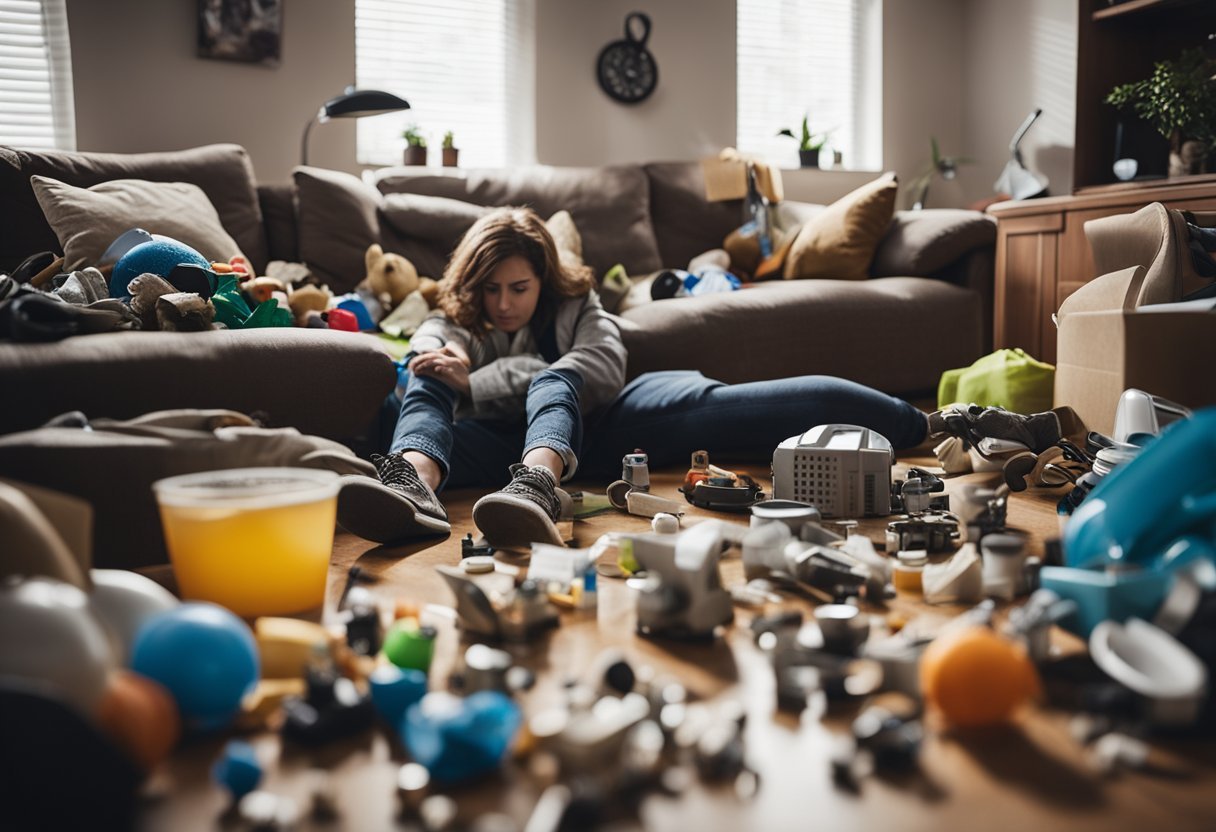 A cluttered living room with scattered toys and dirty dishes. A tired person slumped on the couch, surrounded by cleaning supplies