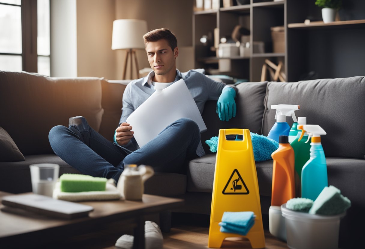 A tired person sits on a couch, surrounded by cleaning supplies. A checklist and schedule for cleaning tasks is displayed on a nearby table