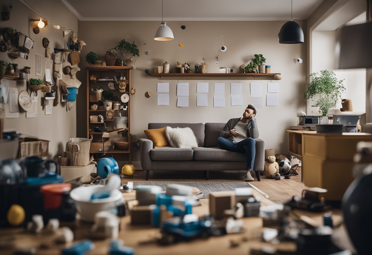 A cluttered living room with scattered toys and dirty dishes. A tired person leans against the wall, looking at a to-do list with a frown