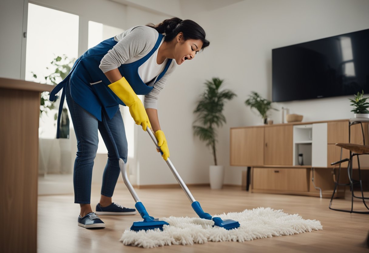 A tired person cleaning the house, with a mop in one hand and a duster in the other, while yawning and stretching