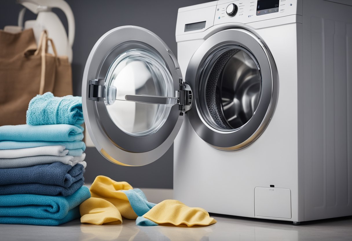 A washing machine with detergent and a pile of clothes, a hand pouring detergent, and another hand closing the lid