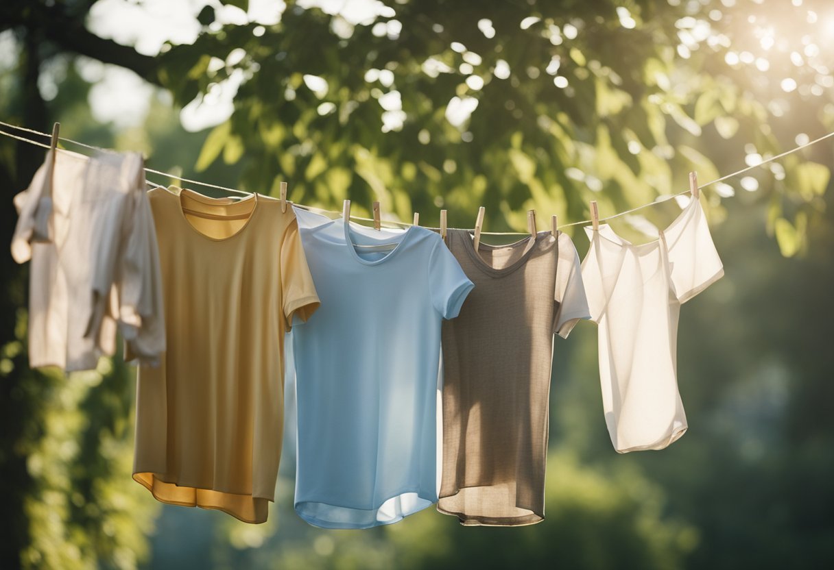 Clothes hanging on a clothesline, with a gentle breeze and sunlight. A basket of folded clothes nearby