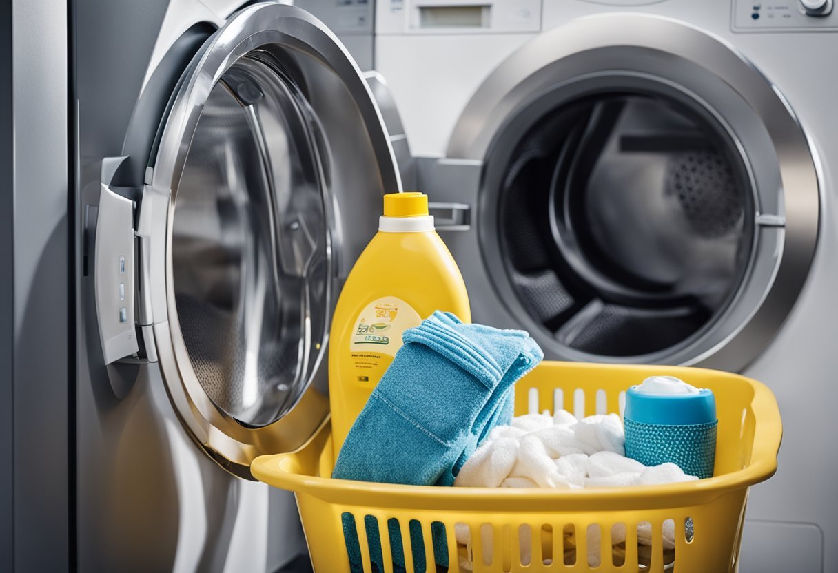 A hand pouring detergent into a washing machine, with a pile of clothes and a laundry basket nearby
